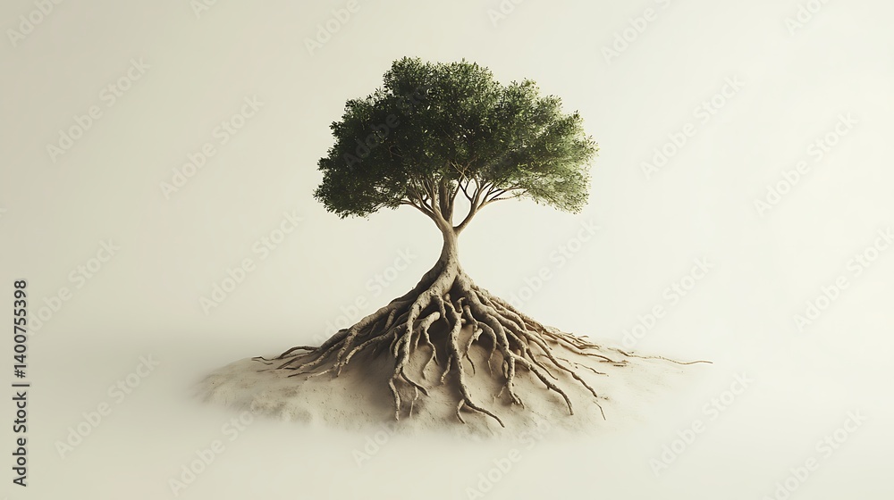 A strong, ancient tree with extensive roots in a secluded, sandy environment.
