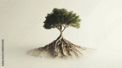A strong, ancient tree with extensive roots in a secluded, sandy environment.