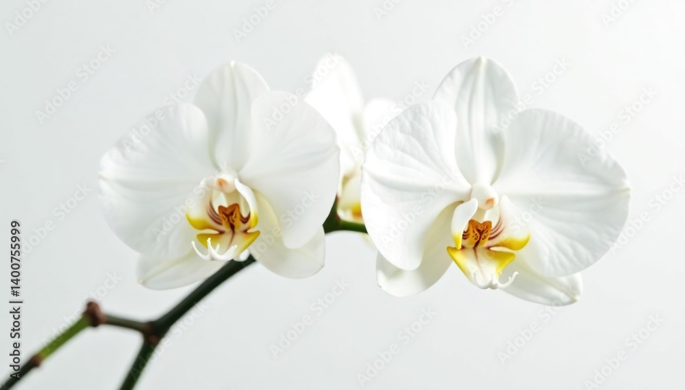 Obraz premium Delicate white orchid blossom on pure white backdrop, calm, clean, background