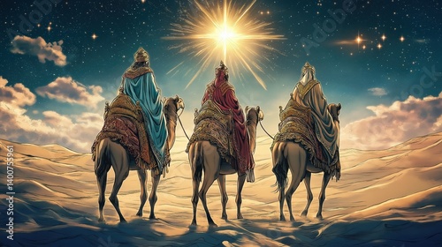 Anime style scene depicting the three wise men riding camels following the shining star of Bethlehem. Christmas. The birth of baby Jesus. Religion and nativity concept.