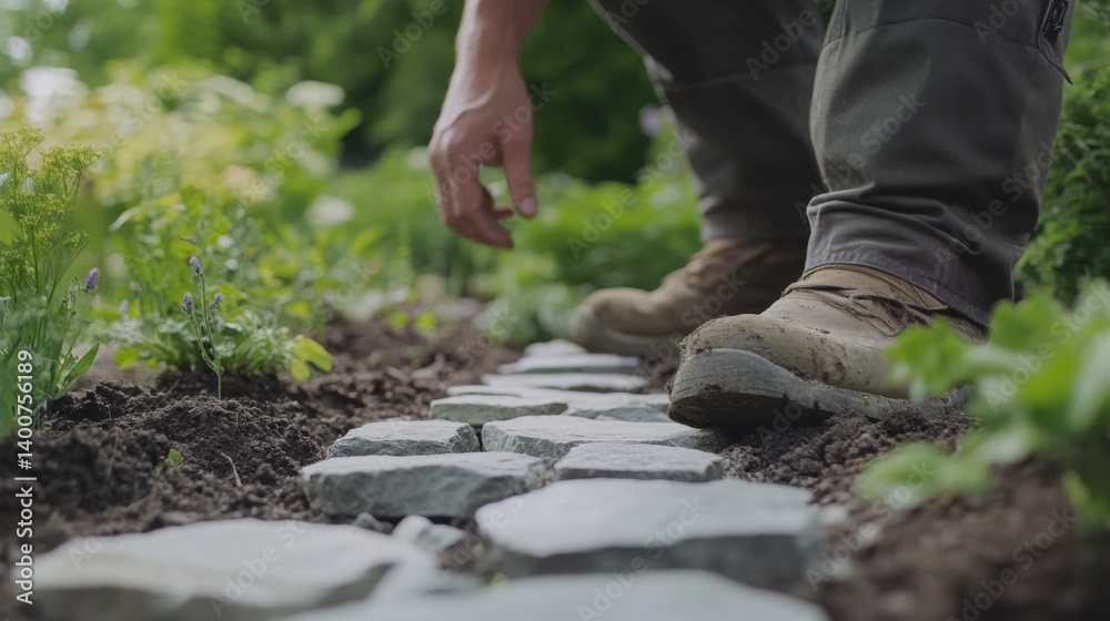 Landscaper installing stone paths in a garden. Featuring design and functionality Landscaper installing stone paths in a garden. Featuring design and functionality