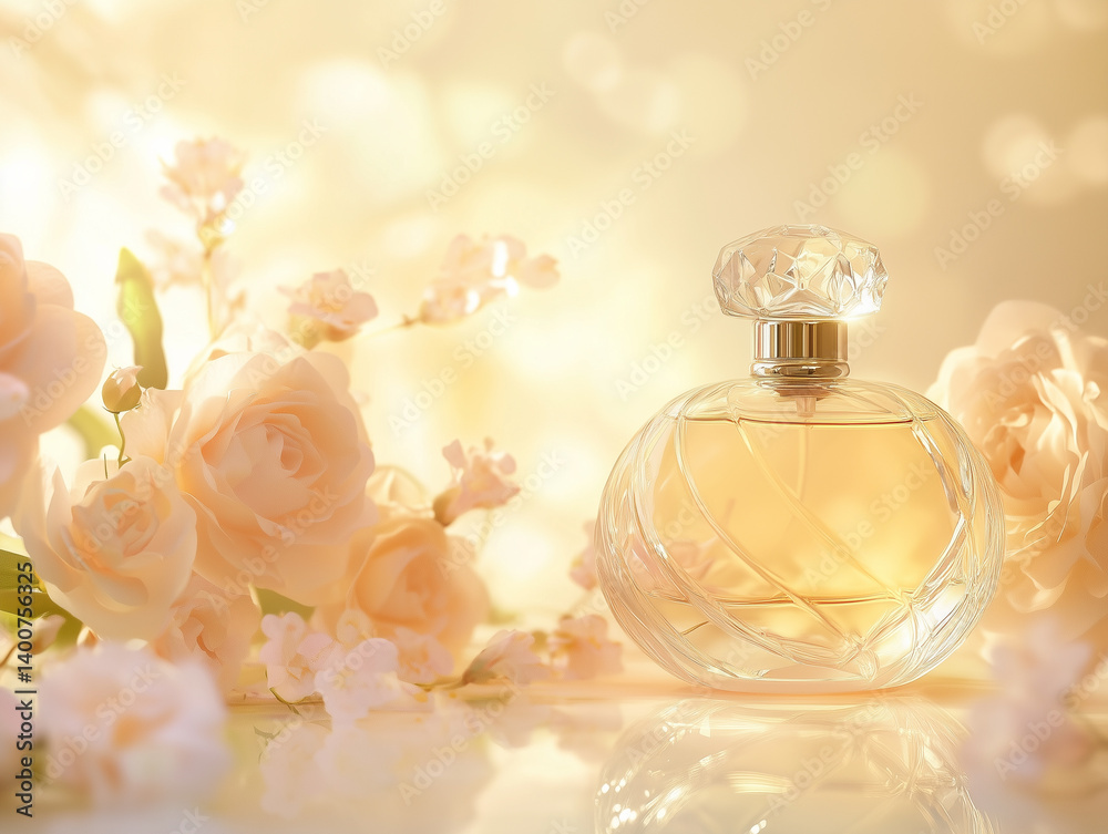 Transparent Glass Perfume Bottle on Soft Background with Roses Transparent Glass Perfume Bottle on Soft Background with Roses