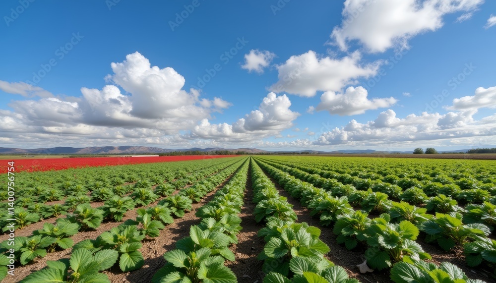 Surreal strawberry field merging with sky, nature's beauty Surreal strawberry field merging with sky, nature's beauty