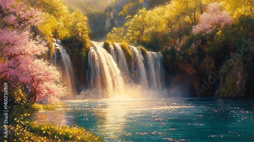 Romantic oil painting of Plitvice Lakes in spring, wildflowers blooming along the edges of the waterfalls, crystal-clear waters reflecting soft pink cherry blossoms,