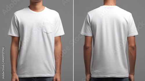 plain white T shirt featuring pocket design, modeled by male figure. shirt is displayed from both front and back angles, showcasing its simple and versatile style. This casual wear is perfect