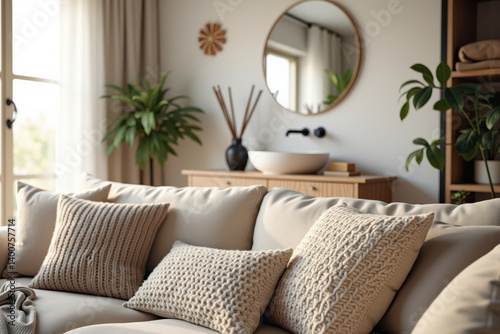 Scandinavian Comfort Blend, Cozy textures in focus, blurred minimalist spaces behind. Warm light, soft neutrals, and hygge touches create a calm, inviting Scandinavian-inspired vibe.