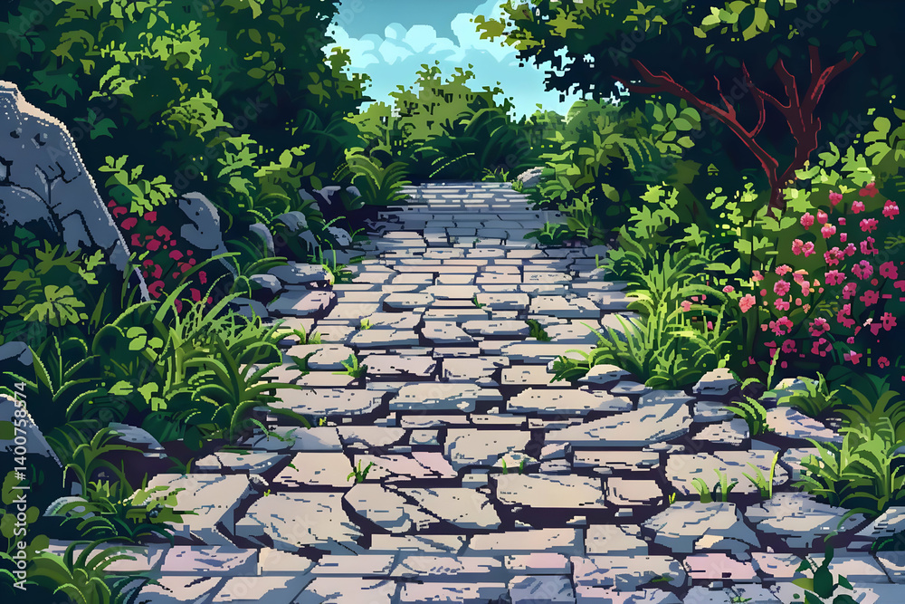 Obraz premium Stone Path Through a Lush Green Garden with Pixel Art Style Under Sunlight