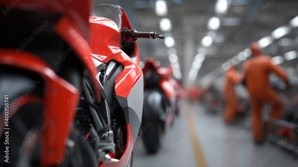 Futuristic motorcycle assembly line featuring sleek red motorcycles and robotic technology, showcasing innovation and precision in manufacturing. atmosphere is dynamic and energetic