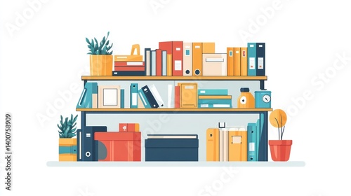 Organized office shelving with books, files, and plants