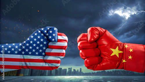 HD 4K US-China Flags Images Depicting Tension and Conflict, two massive robotic hands