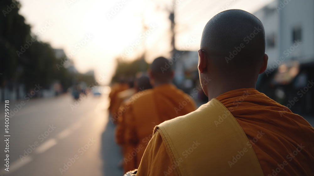 Monks in orange robes walk along street during sunrise, collecting alms in serene atmosphere. scene captures essence of tradition and spirituality
