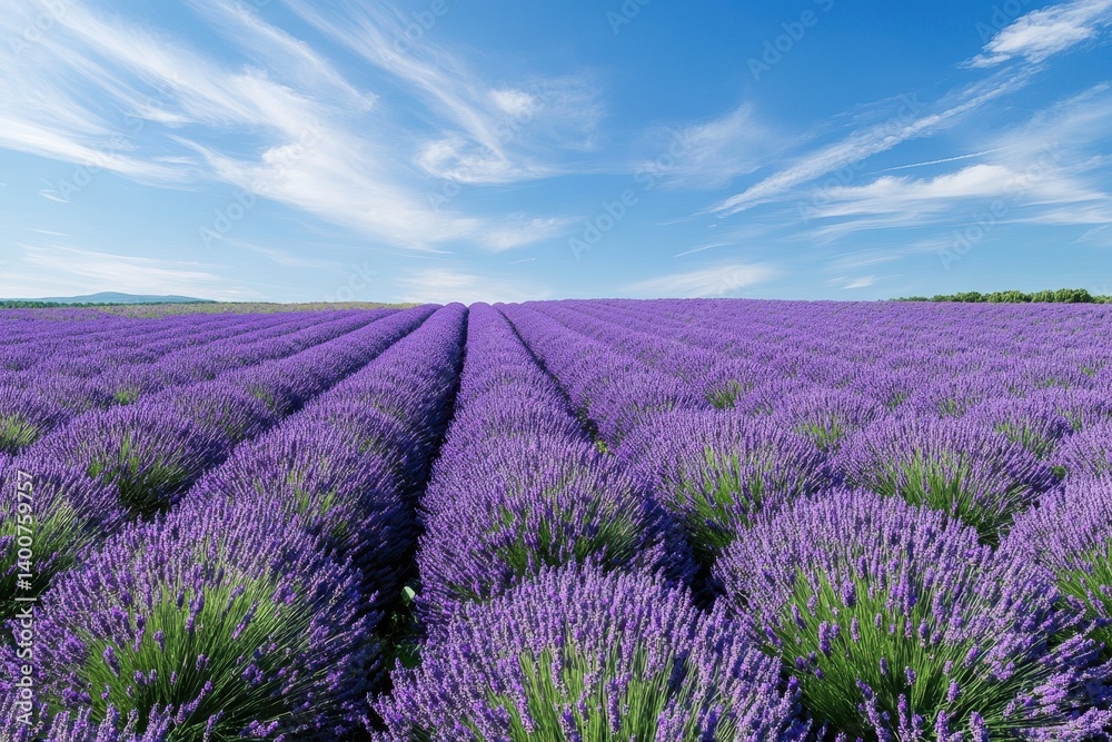 Obraz premium Lavender fields bloom beautifully under a bright blue sky in summer season
