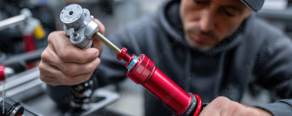 technician is carefully calibrating motorcycle suspension system, showcasing precision and expertise workshop environment. focus intricate details highlights importance of proper tuning