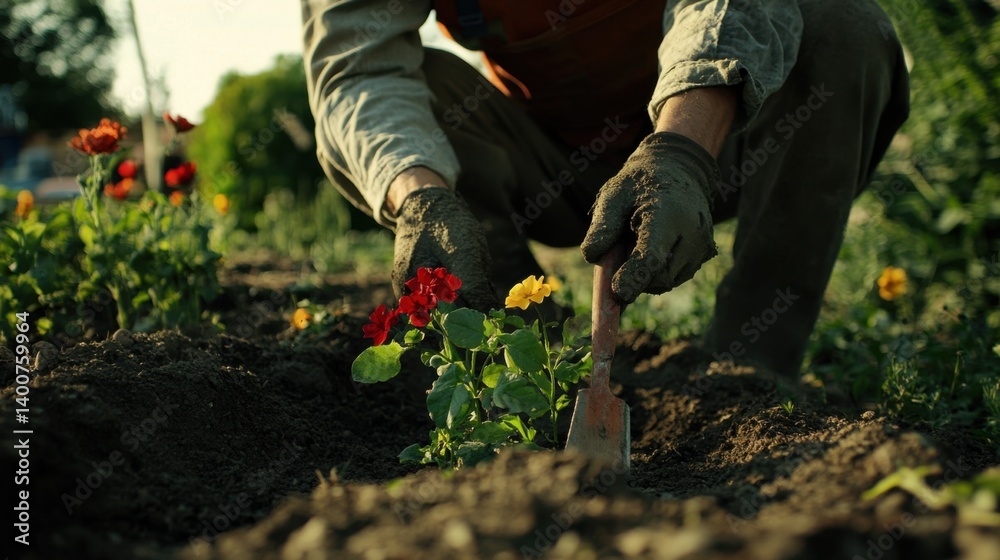 Fototapeta premium Landscaper planting flowers in a garden bed. Featuring care and creativity