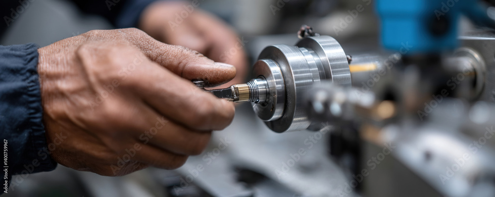 technician is carefully adjusting CNC machine component, showcasing precision and skill in mechanical engineering. focus is on hands and tools involved in process