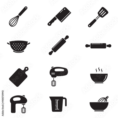 Kitchen icon collection with simple utensils like fork spoon knife spatula ladle tongs whisk and tray in clean flat and linear style for culinary branding and design projects
