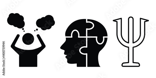 Psychotherapy icon set. Anxiety, depression, confused, frustrated, nervousness, jigsaw puzzle, psychotherapy sign in black and outlined symbol collection illustration.