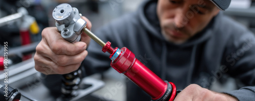 Obraz na płótnie technician is carefully calibrating motorcycle suspension system, showcasing precision and expertise workshop environment. focus intricate details highlights importance of proper tuning w salonie