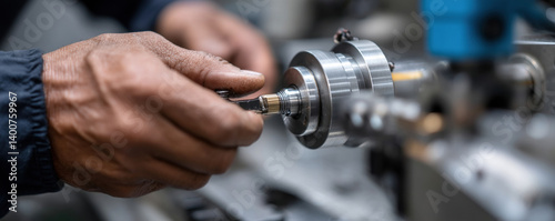 Obraz na płótnie technician is carefully adjusting CNC machine component, showcasing precision and skill in mechanical engineering. focus is on hands and tools involved in process w salonie