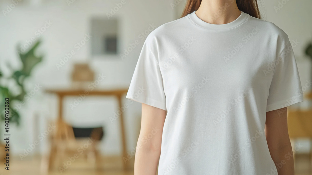 woman in plain white T shirt stands confidently in bright, modern interior, showcasing simplicity and comfort. soft fabric and relaxed fit highlight casual style