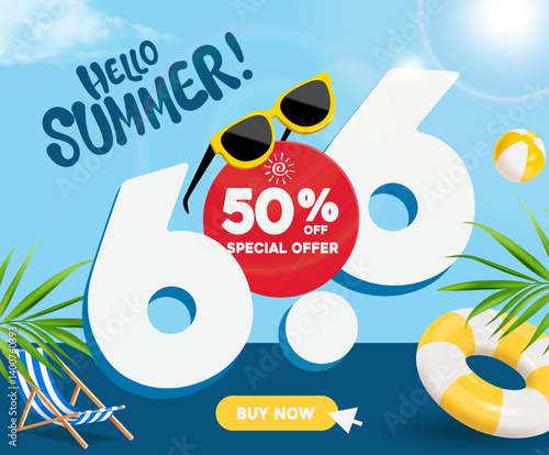 Mega sale promotion on June 6th with a red circle 50% off sign, all on a summer sky and coconut tree background,  for promotion sale advertising concept and design