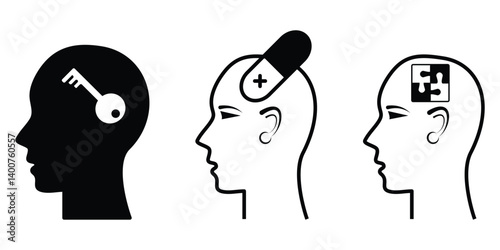 Psychotherapy icon set. Psychotherapy, neuro therapy sign with key, medicine, jigsaw puzzle into human brain black flat and outlined symbol collection illustration.