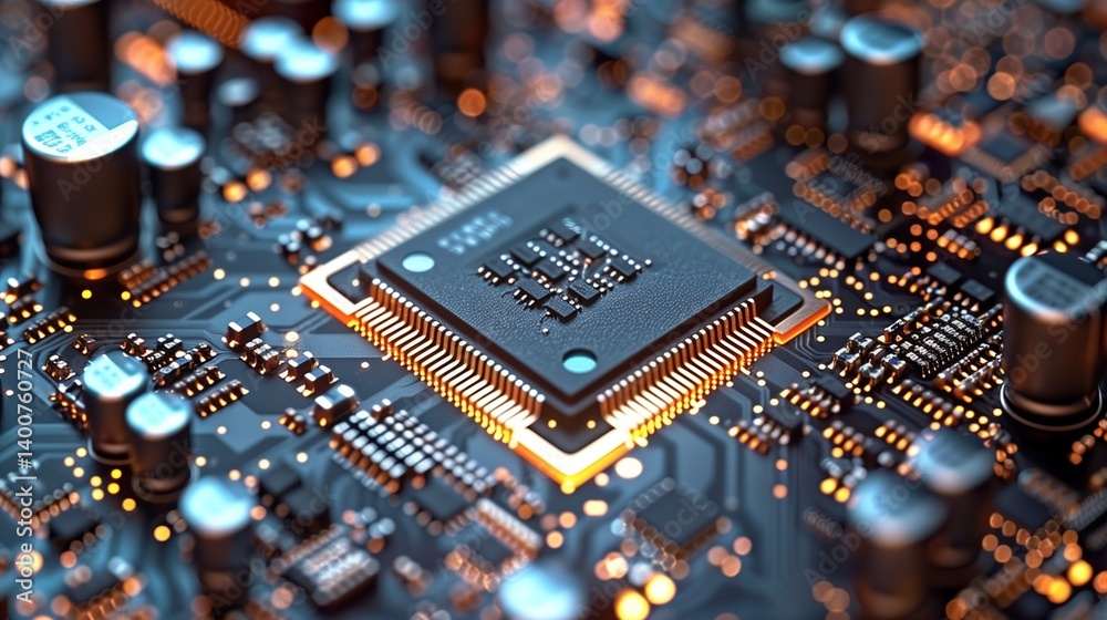 Detailed Close-Up of a Complex Circuit Board with Illuminated Components Detailed Close-Up of a Complex Circuit Board with Illuminated Components