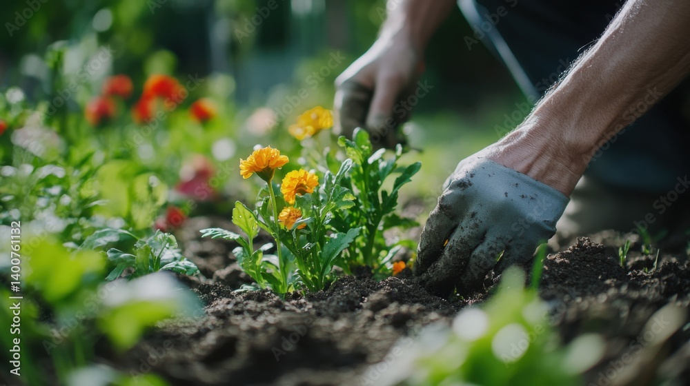 Fototapeta premium Landscaper planting flowers in a garden bed. Featuring growth and beauty