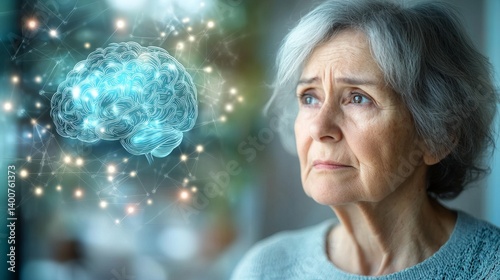Elderly woman with concerned expression symbolizing dementia risk and memory loss, brain scan in background representing cognitive decline and aging health issues.