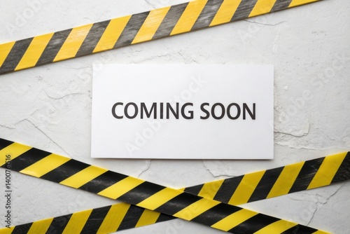 Caution Tape with Coming Soon Sign for Announcement or Promotion in Business Concept Background photo