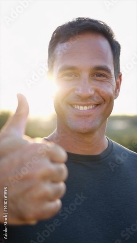Smiling man giving thumbs up outdoors, HD footage.
