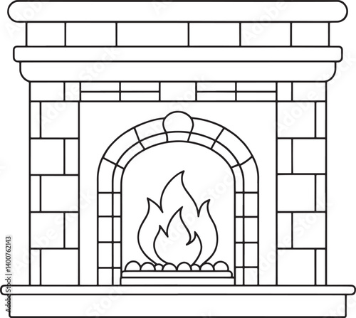 Line Art Illustration of a Classic Brick Fireplace with Flames