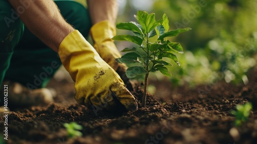 Landscaper planting trees in a garden. Featuring care and attention to nature