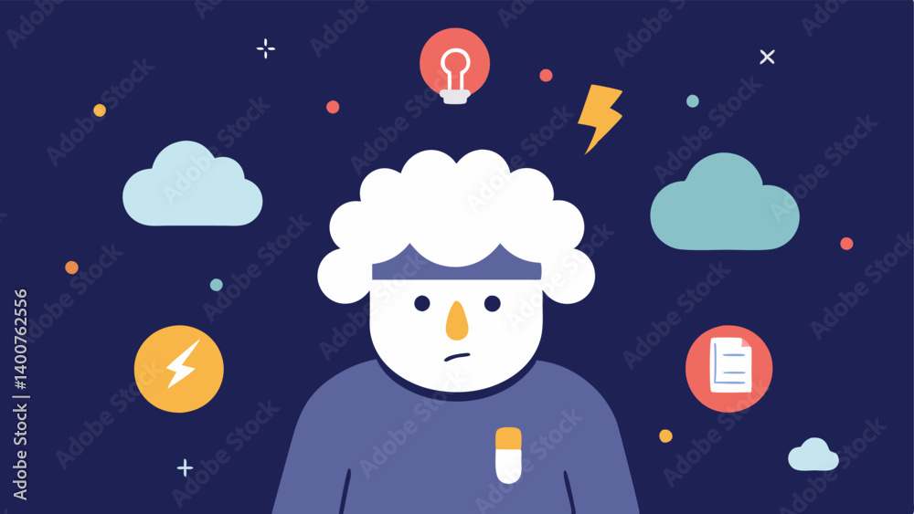 Fototapeta premium Idea Clouds A character surrounded by fluffy light clouds filled with superficial content while dark stormy clouds of real issues and critical thinking hover just out of reach.