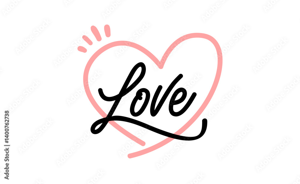Love word text with doodle linear heart on the background. Love word text with doodle linear heart on the background.