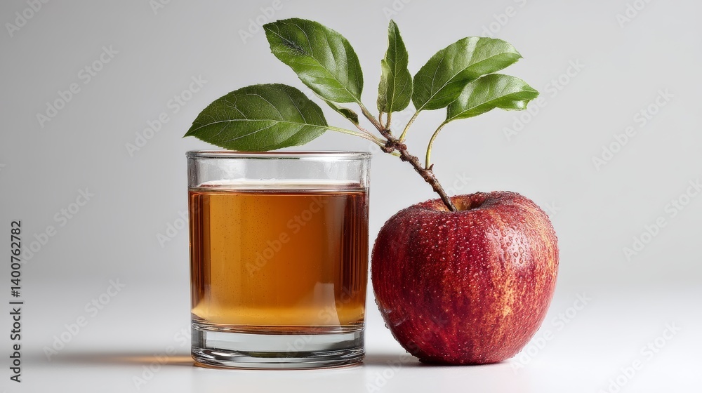 Fresh apple juice with dew-covered red fruit and green leaves for natural beverage branding
