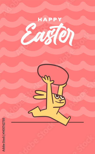 happy easter vertical card with easter bunny holding egg. Cute quirky handmade cartoon illustration.
