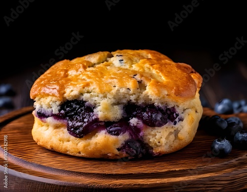 Close-up of a blueberry scone on rustic wooden board with dark background, artisan baked goods, cozy breakfast concept, bakery product for food blogs, menu design, homemade dessert promotion