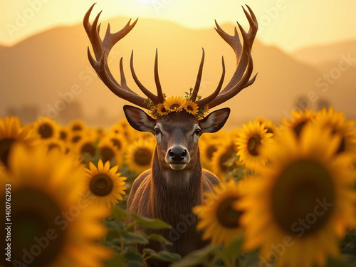 A mature stag with impressive antlers wearing a crown made of sunflower petals