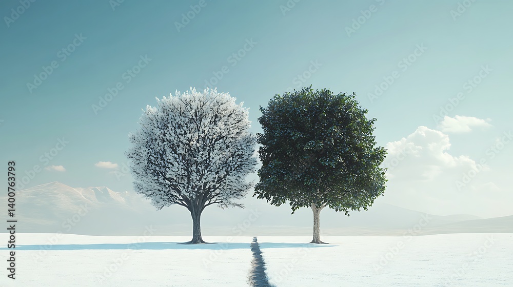 A snowy landscape featuring a winter tree and a summer tree, symbolizing the changing seasons.