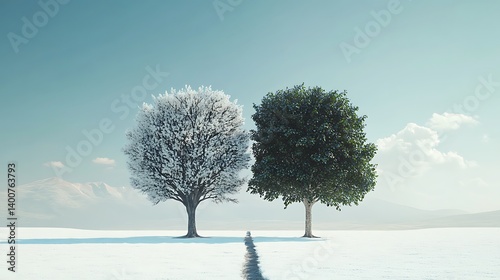 Obraz na płótnie A snowy landscape featuring a winter tree and a summer tree, symbolizing the changing seasons. w salonie