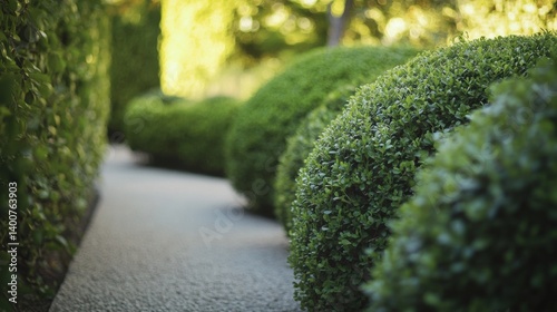 Landscaper trimming bushes along a garden path. Featuring attention to detail and neatness