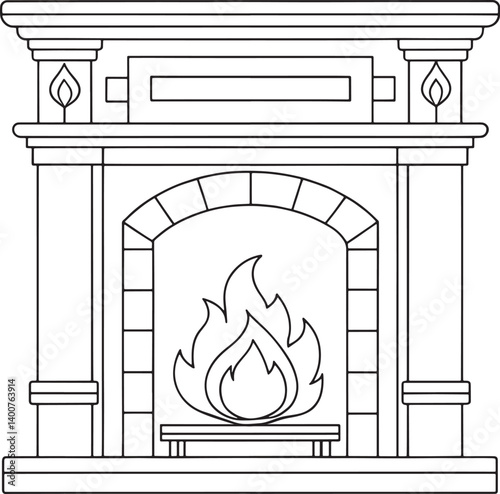 Classic Fireplace Illustration Line Art Drawing Home Decor