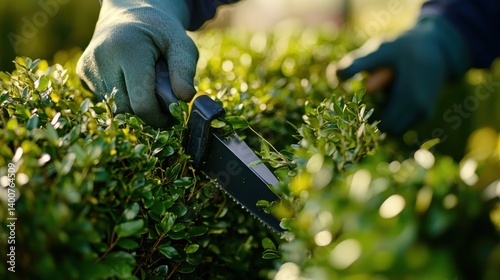 Landscaper trimming hedges in a backyard. Featuring neatness and design