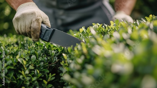 Landscaper trimming hedges in a backyard. Featuring neatness and design