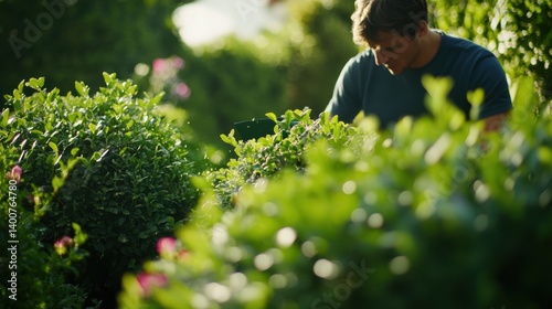 Landscaper trimming hedges in a garden. Featuring attention to detail and neatness