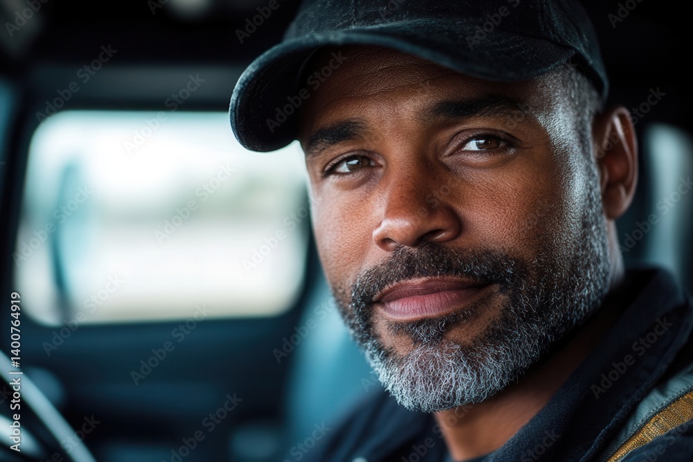 Man in vehicle cabin with beard and hat. Man in vehicle cabin with beard and hat.