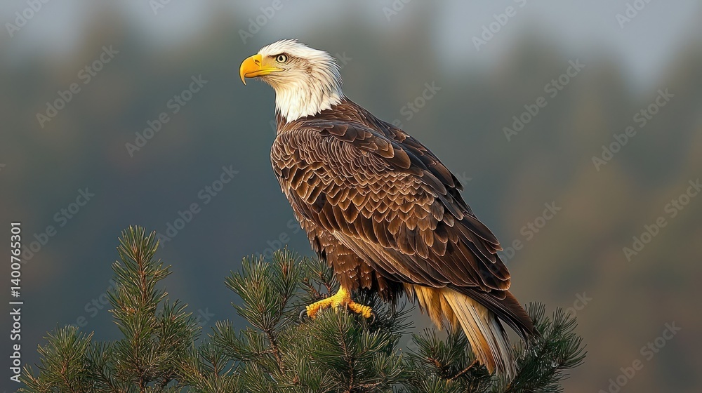 Fototapeta premium Majestic Bald Eagle Perched on Pine Branch