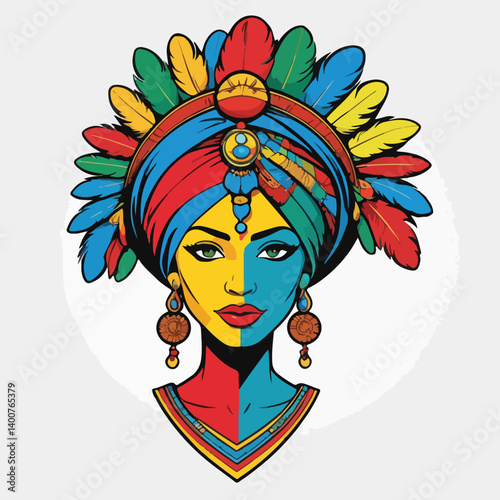 a woman wearing a colorful cultural headdress reflects the identity of a culture