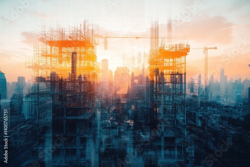 Urban Construction Site at Sunset with Blurred City Skyline